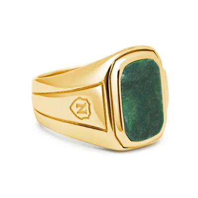Nialaya Gold / Green Men's Oblong Gold Plated Signet Ring With Green Jade