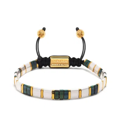 Nialaya Gold / Green / White Men's Bracelet With White, Patina Green And Gold Miyuki Tila Beads