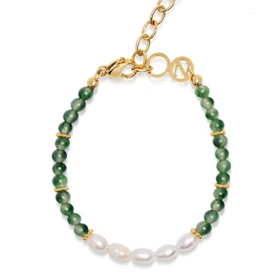 Nialaya Gold / Green Women's Beaded Bracelet With Pearl And Ocean Grass Agate