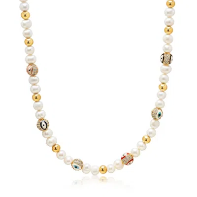 NIALAYA GOLD / SILVER MEN'S EVIL EYE PEARL NECKLACE