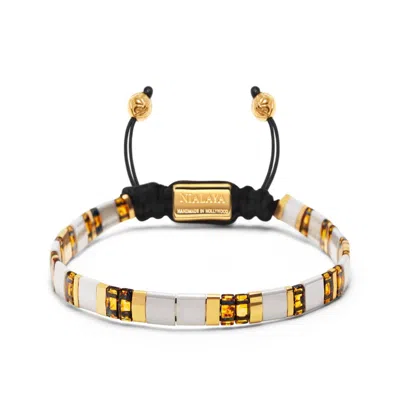 Nialaya Gold / White Men's Bracelet With White, Marbled Amber And Gold Miyuki Tila Beads