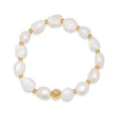 Nialaya Gold / White Men's Wristband With Baroque Pearl And Gold
