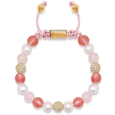 Nialaya Gold / White / Pink Women's Beaded Bracelet With Pearl, Rose Quartz, Cherry Quartz And Gold