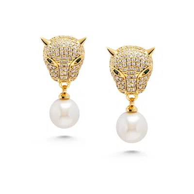 Nialaya Gold / White Women's Panther Earring With Pearl Drop