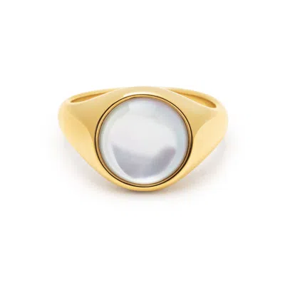 Nialaya Gold / White Women's Signet Ring With Large Pearl