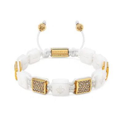 Nialaya Gold / White Women's White Ceramic Flatbead Bracelet With Gold Cz