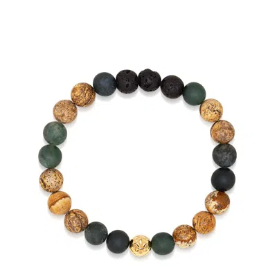 Nialaya Green / Brown / Black Men's Wristband With Jasper, Lava Stone, Matte Aquatic Agate And Gold In Multi