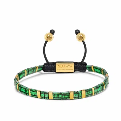 Nialaya Green / Gold Men's Bracelet With Marbled Green And Gold Miyuki Tila Beads