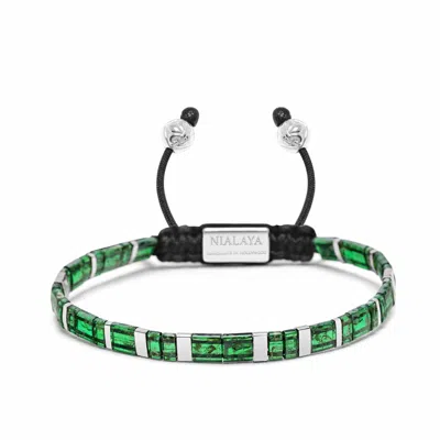 Nialaya Green / Silver Men's Bracelet With Marbled Green And Silver Miyuki Tila Beads In Metallic