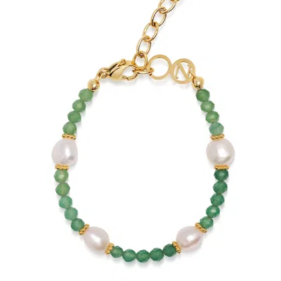 Nialaya Green / White / Gold Women's Beaded Bracelet With Pearl And Green Aventurine