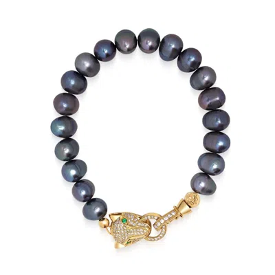 Nialaya Grey / Black / Gold Men's Black Pearl Bracelet With Gold Panther In Blue