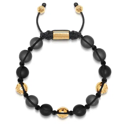 Nialaya Grey / Gold / Black Men's Beaded Bracelet With Hematite, Matte Onyx, And Gold