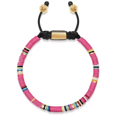 Nialaya Men's Beaded Bracelet With Pink And Gold Disc Beads