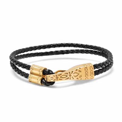 Nialaya Men's Black / Gold Black Leather Bracelet With Gold Clasp