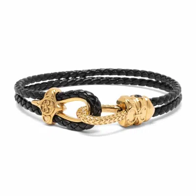Nialaya Men's Black / Gold Black Leather Bracelet With Gold Rope Clasp
