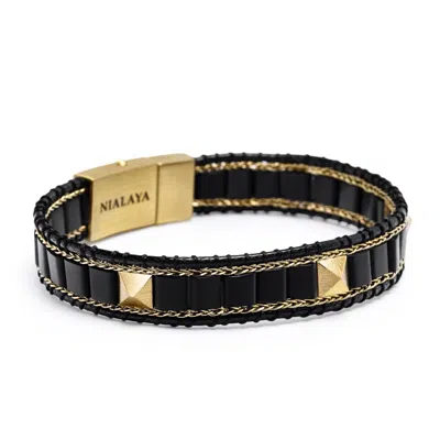 Nialaya Men's Black / Gold Black Onyx Stud Bracelet