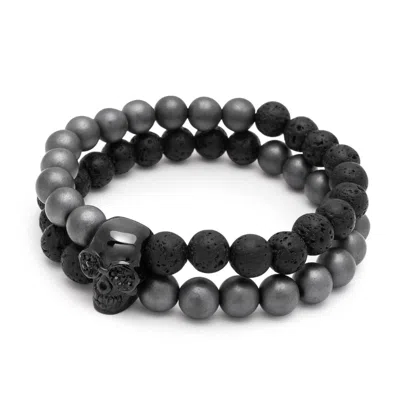 Nialaya Men's Black / Grey Double Beaded Bracelet With Matte Hematite, Lava Stone & Black Skull