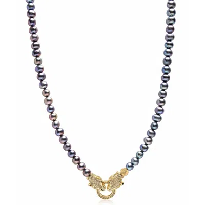 Nialaya Men's Black / Grey / Gold Black Pearl Choker With Double Panther Head In Gold In Multi