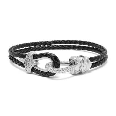 Nialaya Men's Black / Silver Black Leather Bracelet With Silver Rope Clasp