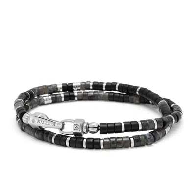 Nialaya Men's Black / Silver Black Onyx & Labradorite Heishi Wrap Bracelet In Black/silver