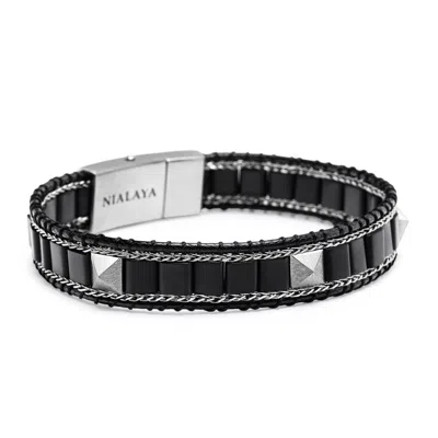 Nialaya Men's Black / Silver Black Onyx Stud Bracelet With Silver