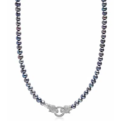 Nialaya Men's Black / Silver Black Pearl Choker With Double Panther Head In Silver In Blue