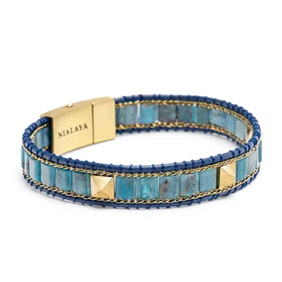 Nialaya Men's Blue / Gold Blue Apatite Stud Bracelet