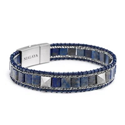 Nialaya Men's Blue / Silver Blue Lapis Stud Bracelet
