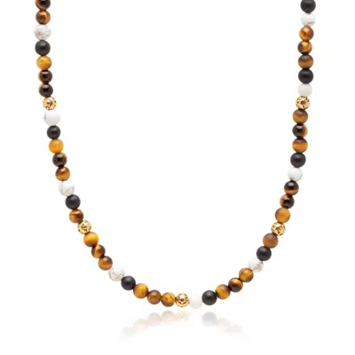 Nialaya Men's Brown / Gold / Black Beaded Necklace With Brown Tiger Eye, Howlite, And Onyx In Red