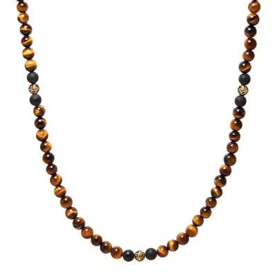 Nialaya Men's Brown / Gold / Black Beaded Necklace With Brown Tiger Eye, Matte Onyx & Gold In Brown/gold/black
