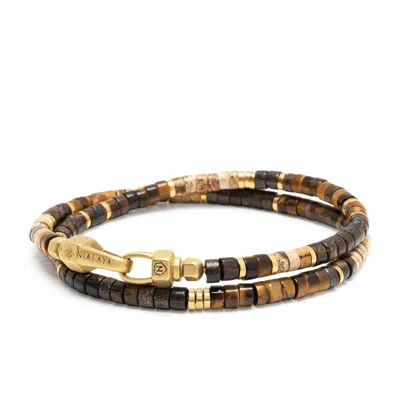 Nialaya Men's Brown / Gold Brown Tiger Eye Heishi Wrap Bracelet In Brown/gold