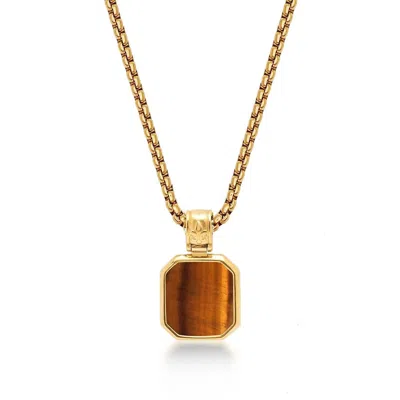 Nialaya Men's Gold Necklace With Square Brown Tiger Eye Pendant
