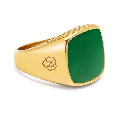 Nialaya Men's Green / Gold Gentlemen's Gold Signet Ring With Green Agate