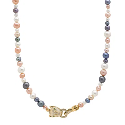 Nialaya Men's Multi-colored Pearl Necklace With Gold Plated Panther Head Lock In Gray