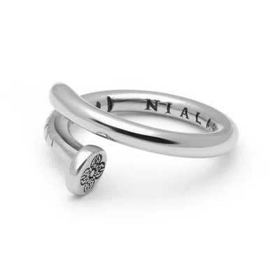 Nialaya Men's Nail Ring With Dorje Engraving & Silver Finish In White