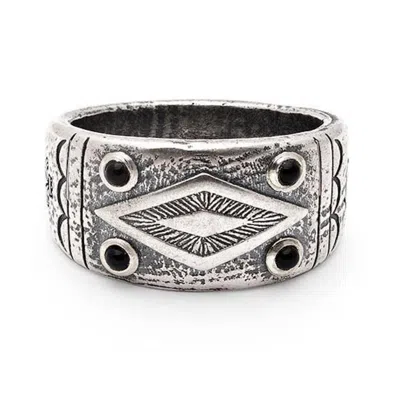 Nialaya Men's  Engraved Vintage Silver Ring With Matte Onyx In Metallic