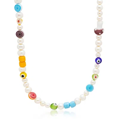 Nialaya Men's Pearl Choker With Playful Glass Beads In Gray