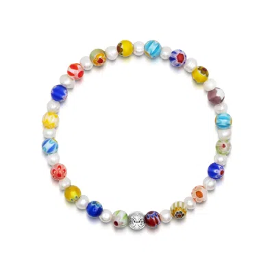 Nialaya Men's Pearl Wristband With Hand-painted Glass Beads In Multi