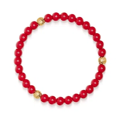 Nialaya Men's Red / Gold Red Jade Bracelet With Gold Balls