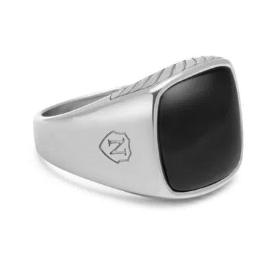 Nialaya Men's Silver / Black Gentlemen's Silver Signet Ring With Black Onyx