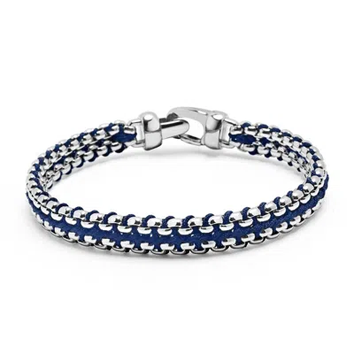 Nialaya Men's Silver / Blue Navy Woven Box Chain Bracelet In Silver