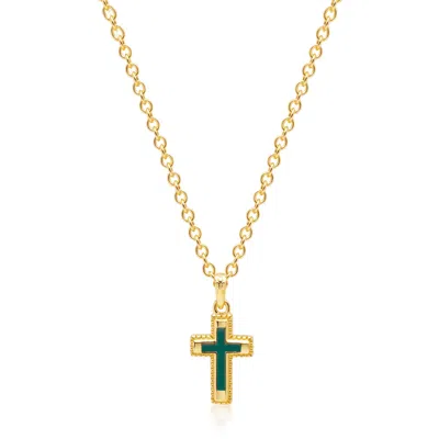 Nialaya Men's Sterling Silver Gold Plated Mini Cross Necklace With Green Enamel