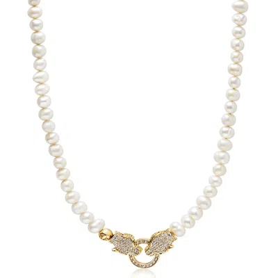 Nialaya Men's White / Gold Pearl Choker With Double Panther Head In Gold In Multi