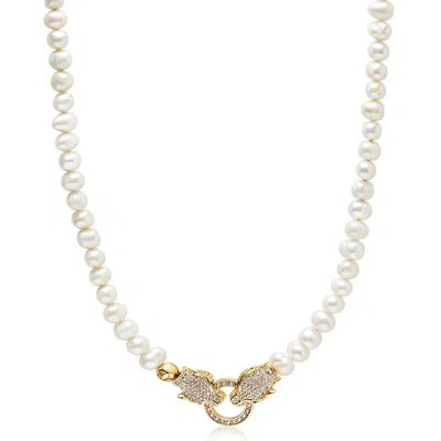 Nialaya Men's White / Gold Pearl Choker With Double Panther Head In Gold