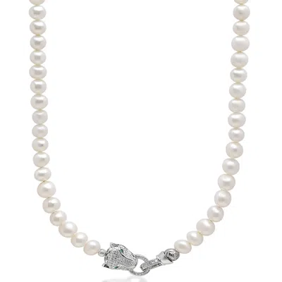Nialaya Men's White Pearl Necklace With Silver Panther Head Lock In Metallic