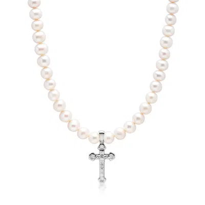 Nialaya Men's White / Silver Pearl Necklace With Silver Cross In Neutral