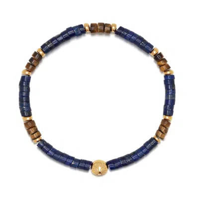 Nialaya Mens Wristband With Blue Lapis And Brown Tiger Eye Heishi Beads And Gold