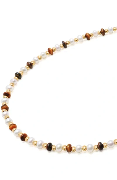 Nialaya Mini Beaded Pearl Tiger Eye Choker In Multi