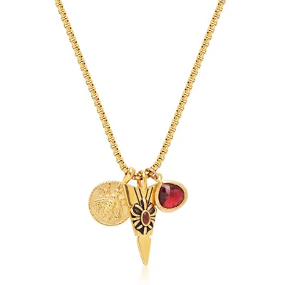Nialaya Red / Gold Men's Golden Talisman Necklace With Arrowhead, Red Ruby Cz Drop And Bee Pendant