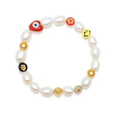 Nialaya Red / Yellow Men's Smiley Face Pearl Bracelet